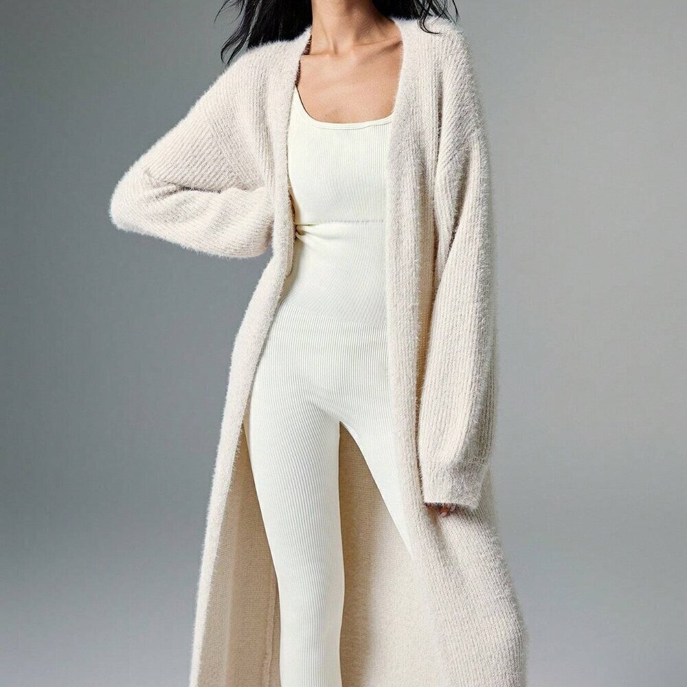 Apricot Preppy Women's Plush Extra Long Cardigan